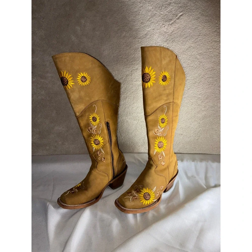 El General 1901 Sunflower Embroidered Tall Western Boots Tan Leather Womens 6 - Picture 3 of 13